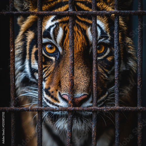 Bengal tiger behind cage bars showing eye wildlife capture photography