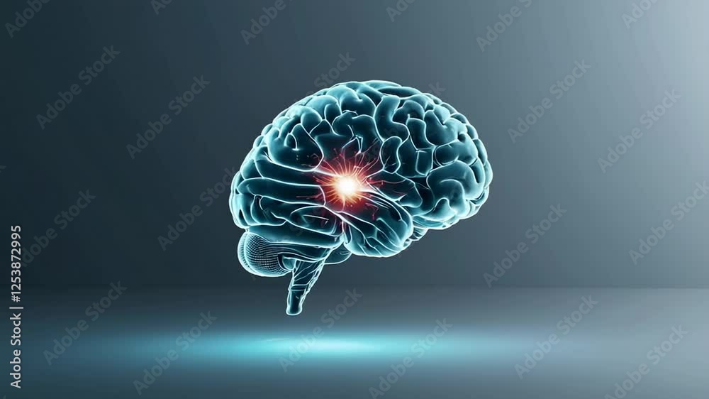 Glowing blue wireframe brain rotating slowly, revealing intricate neural connections marked by bright orange spot against dark gray neutral background, representing complex neurological processes