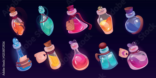 Potion bottle. Magic elixir, poison in vial or medicine jar, witch pot. Spell glass, colorful liquid. Egyptian game asset. Ui alchemist icons. Glowing isolated elements. Vector cartoon set