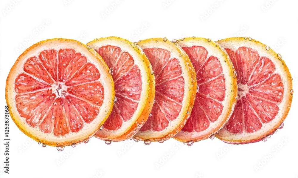Juicy grapefruit slices, fresh citrus, water droplets, white background, food photography, healthy eating Juicy grapefruit slices, fresh citrus, water droplets, white background, food photography, healthy eating