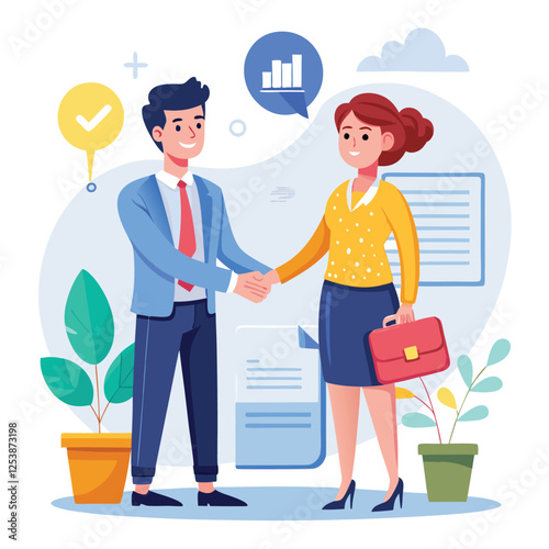 People shaking hands at work - Two businesspeople, man and woman doing handshake in office at work while smiling over business agreement and deal. Flat design stock illustration on white background