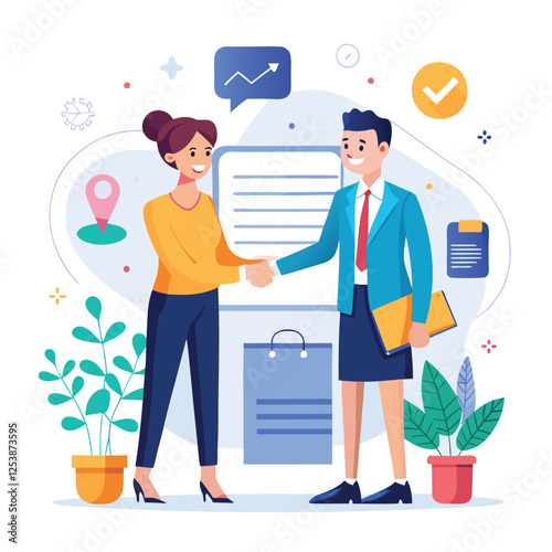 People shaking hands at work - Two businesspeople, man and woman doing handshake in office at work while smiling over business agreement and deal. Flat design stock illustration on white background