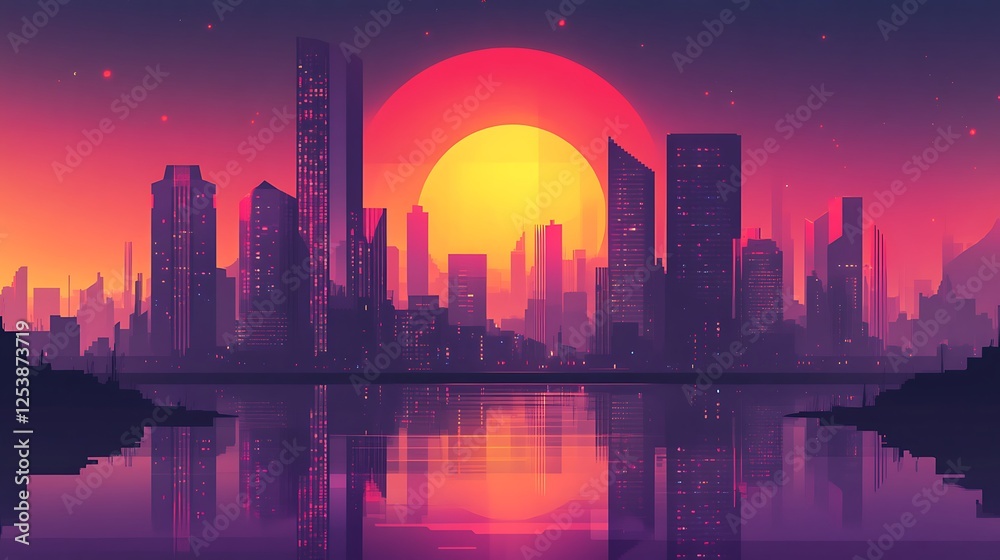 Fototapeta premium Cityscape Silhouette at Sunset Reflecting on Water