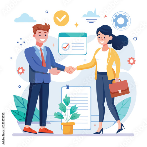 People shaking hands at work - Two businesspeople, man and woman doing handshake in office at work while smiling over business agreement and deal. Flat design stock illustration on white background