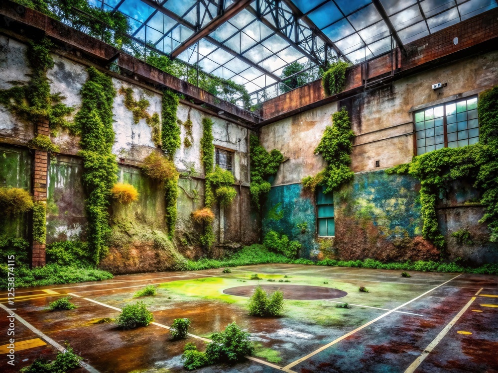 Ruined handball court, a canvas of urban decay, grunge textures, and vibrant graffiti art. Ruined handball court, a canvas of urban decay, grunge textures, and vibrant graffiti art.