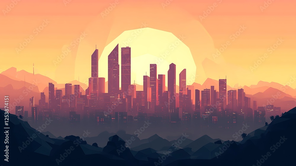 Obraz premium Sunset Cityscape Over Low Polygonal Mountains