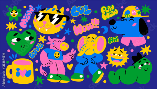 Funny shapes. Abstract comic animal face, modern trendy color geometric poster or contemporary dynamic colorful collage. Cow, doodle elephant and dog, stickers collection. Vector cartoon design