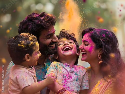 Indian family celebrating holi festival