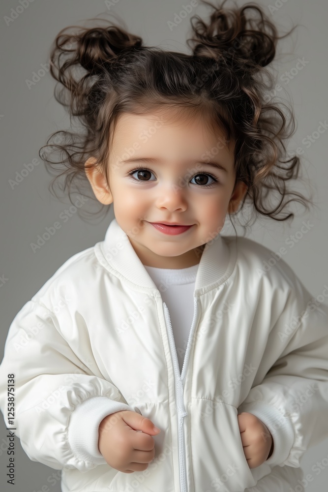 Naklejka premium Cute two year old baby in a white jacket smiles in a studio setting with soft lighting