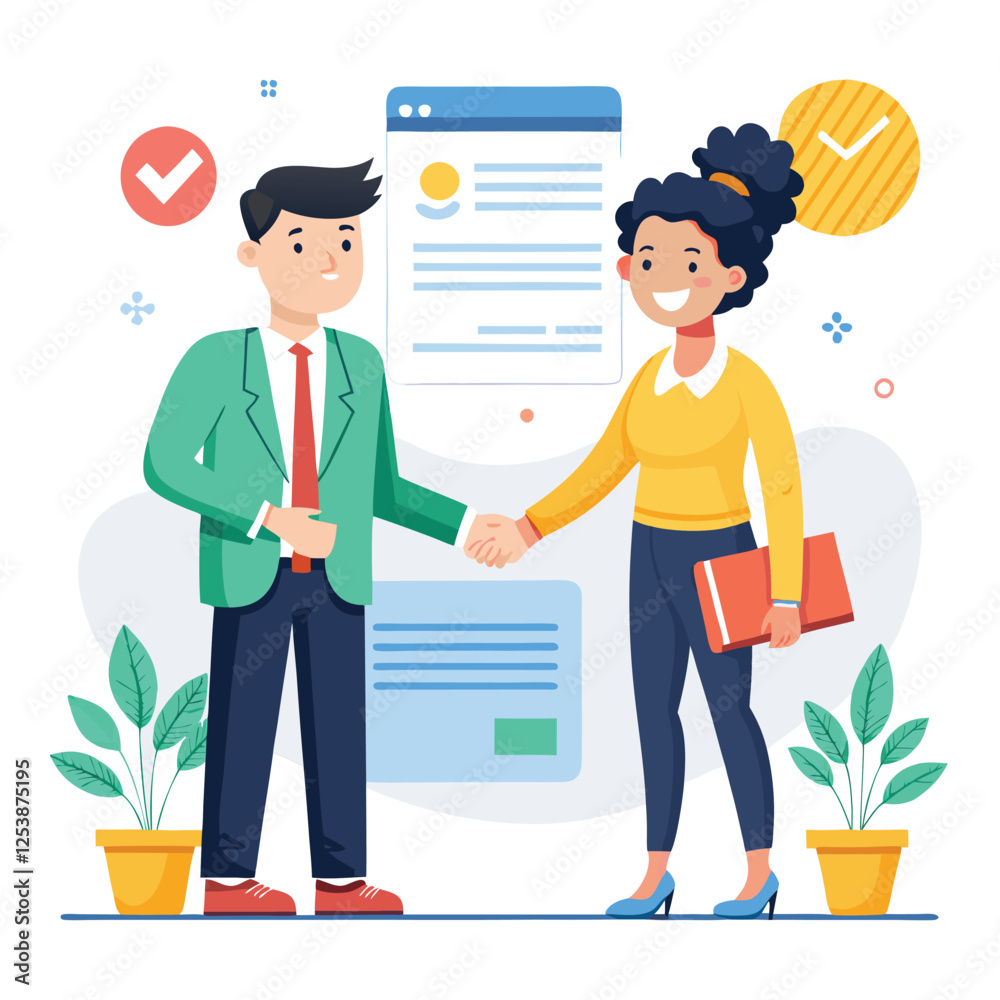 People shaking hands at work - Two businesspeople, man and woman doing handshake in office at work while smiling over business agreement and deal. Flat design stock illustration on white background People shaking hands at work - Two businesspeople, man and woman doing handshake in office at work while smiling over business agreement and deal. Flat design stock illustration on white background