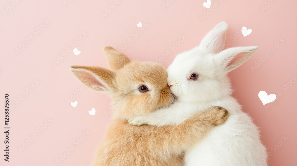 Obraz premium Two cute rabbits with hearts on pink background, St Valentines Day or Easter postcard