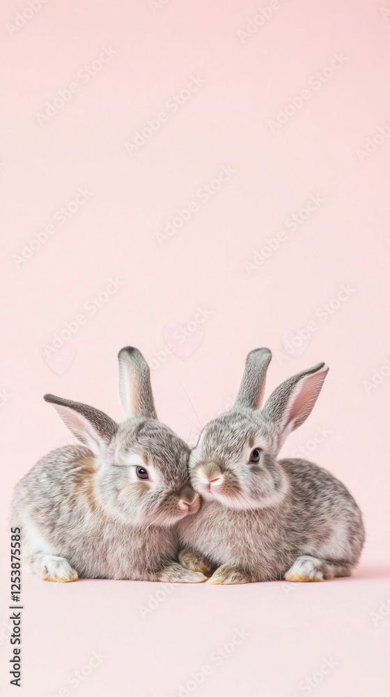 Fototapeta premium Two cute rabbits with hearts on pink background, St Valentines Day or Easter postcard