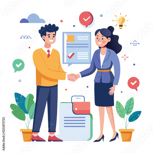 People shaking hands at work - Two businesspeople, man and woman doing handshake in office at work while smiling over business agreement and deal. Flat design stock illustration on white background