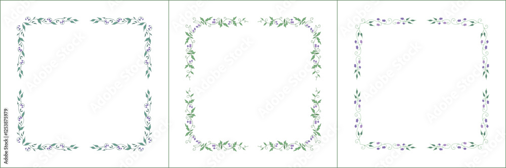 Set of three elegant green vegetal ornamental frame with bluebell flowers, decorative border. Isolated vector illustration Set of three elegant green vegetal ornamental frame with bluebell flowers, decorative border. Isolated vector illustration