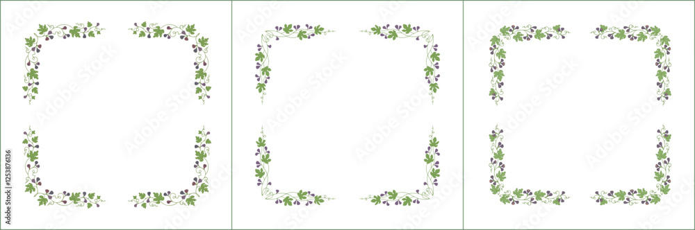 Set of three elegant green vegetal ornamental frame with purple figs, decorative border. Isolated vector illustration Set of three elegant green vegetal ornamental frame with purple figs, decorative border. Isolated vector illustration