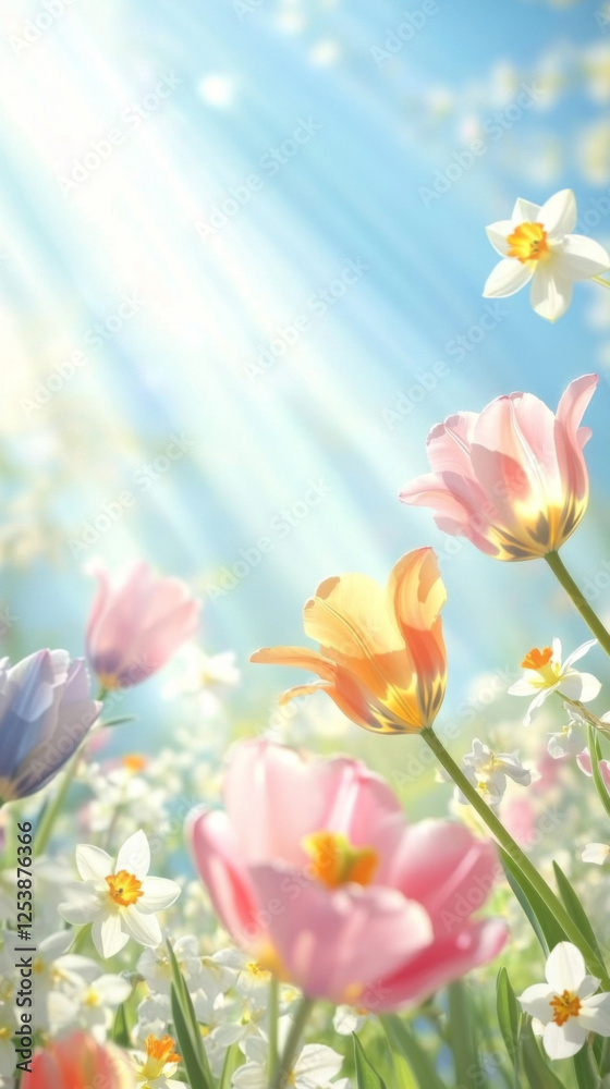 Fototapeta premium Tulip and daffodil flowers in sunny field with blue sky background, spring season