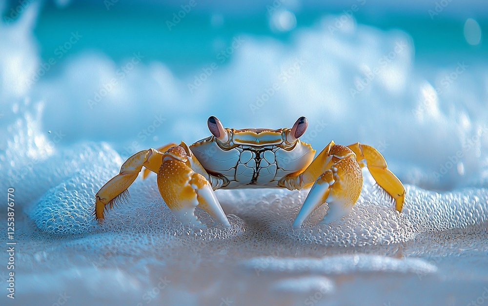 Close-up of a small orange crab on a beach with ocean foam. Close-up of a small orange crab on a beach with ocean foam.