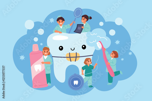 Tiny dentists treat big tooth. Small kids doctors. Children take oral care. Hygiene education. Girls cleaning molar with paste and brush. Boys use floss for braces. Garish vector concept