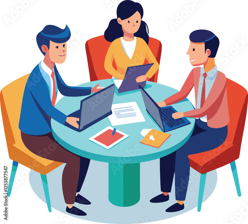 People shaking hands at work - Two businesspeople, man and woman doing handshake in office at work while smiling over business agreement and deal. Flat design stock illustration on white background