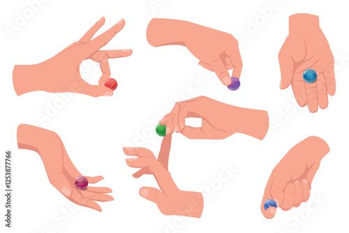 Hands holding colored balls. People play with glass marbles. Old kid game of marksmanship. Various techniques. Geometric shapes. Pearl orb in fingers. Arms positions. Gestures vector set
