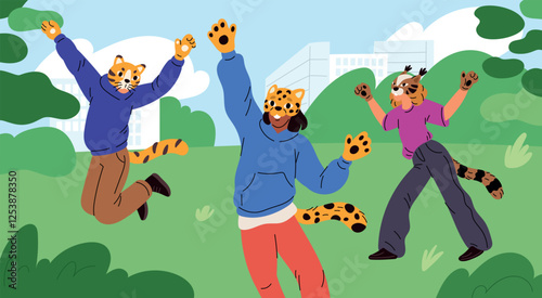 Animals cosplay. Teenagers in masks and pets tails playing on nature. Modern fandom subculture of quadrober. Fauna costumes. Wildlife imitation. Kids games in park. Garish vector concept