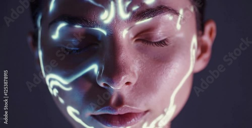 Futuristic Woman with closed eyes, Experiencing Digital Neural Activation with Shimmering Moving Lines on Face with Hallucinatory Visions, trance