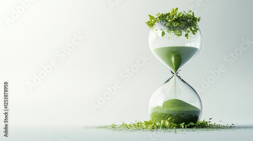 An hourglass filled with green sand and plants, symbolizing time and nature's balance.