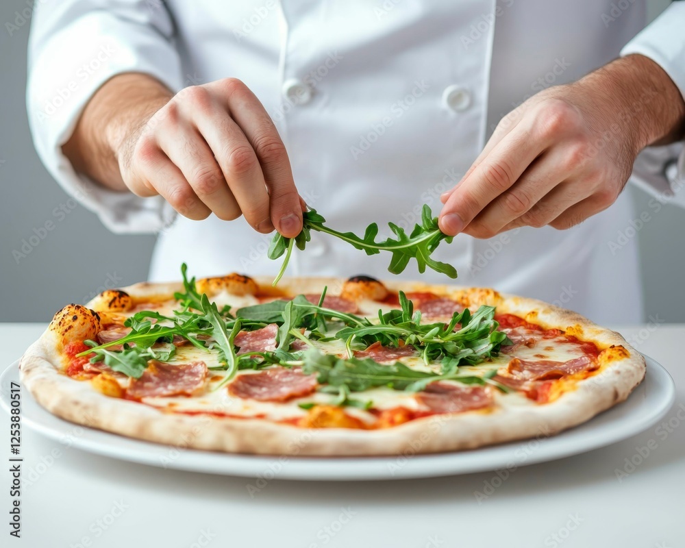 Close-Up of Chef Making Delicious Arugula Pizza in a Bright Modern Kitchen Environment Close-Up of Chef Making Delicious Arugula Pizza in a Bright Modern Kitchen Environment