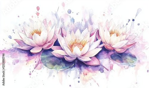 Watercolor painting of three water lilies, floating on lily pads, with an abstract watercolor background, ideal for spa or wellness websites