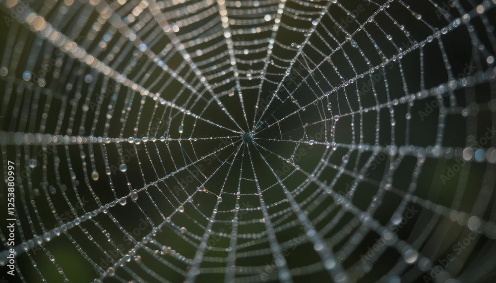 Obraz premium Dew-covered spiderweb with intricate, delicate thread patterns close-up