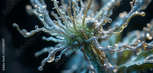 Extreme close-up of a plant developing a new biomechanical adaptation, 8K resolution, showcasing hybridized cellular architecture, fluid metallic tones, and soft cyber-bio glow.