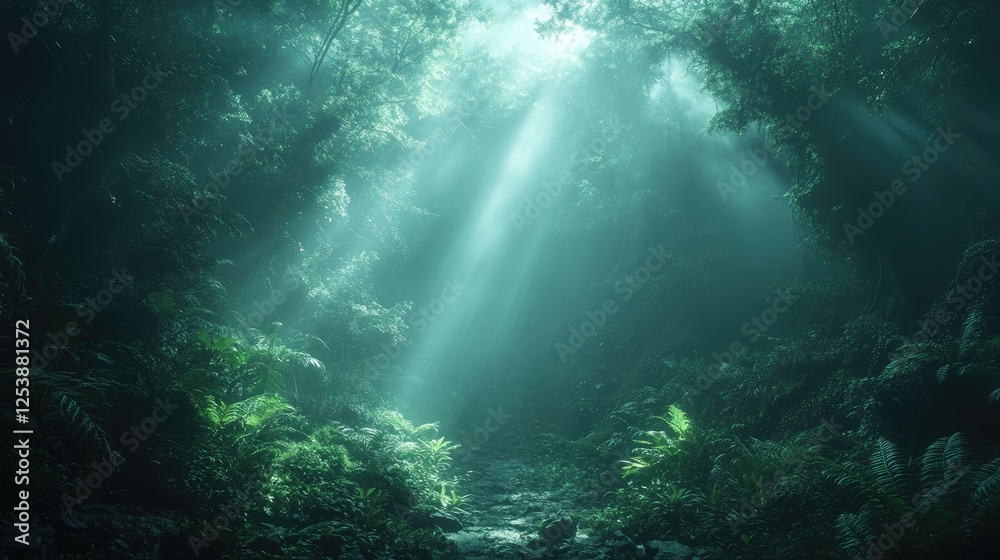 Fototapeta premium A serene forest scene with sunlight filtering through dense foliage.