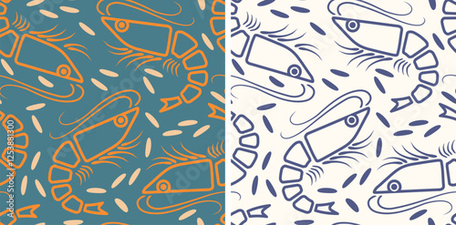Vector set patterns of shrimp in line art style. Vector pattern of shrimp iand rice in flat style.