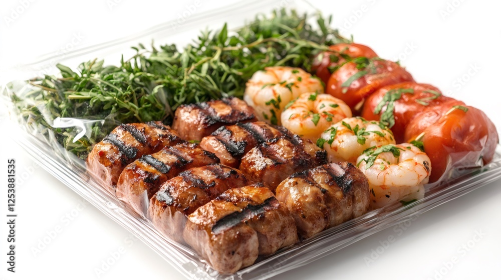 Plastic tray with grilled sausage, shrimp, tomatoes and thyme, ready to eat Plastic tray with grilled sausage, shrimp, tomatoes and thyme, ready to eat