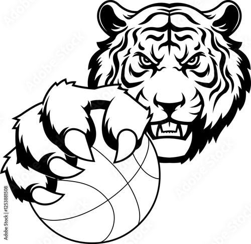 Outlined Aggressive Tiger Holding Basketball Sports Mascot Logo Design