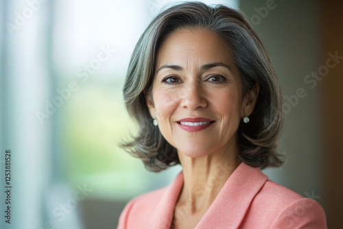 confident older businesswoman in pink blazer