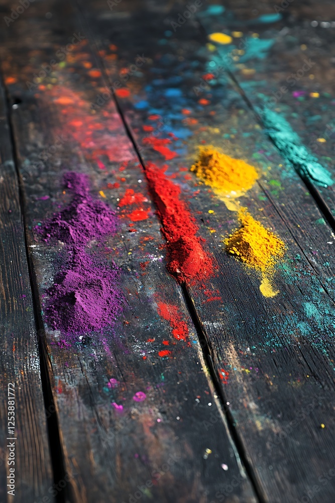 Fototapeta premium Holi powders spread on wood