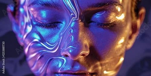 Futuristic Woman with closed eyes with Shimmering holographic Moving Lines on Face with Hallucinatory Visions, trance