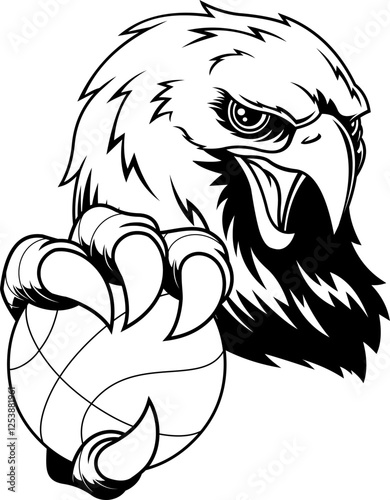 Outlined Aggressive Bald Eagle Basketball Sports Mascot Logo Design