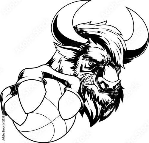 Outlined Aggressive Bison Holding Basketball Sports Mascot Logo Design