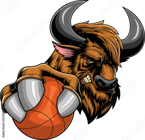 Aggressive Bison Holding Basketball Sports Mascot Logo Design