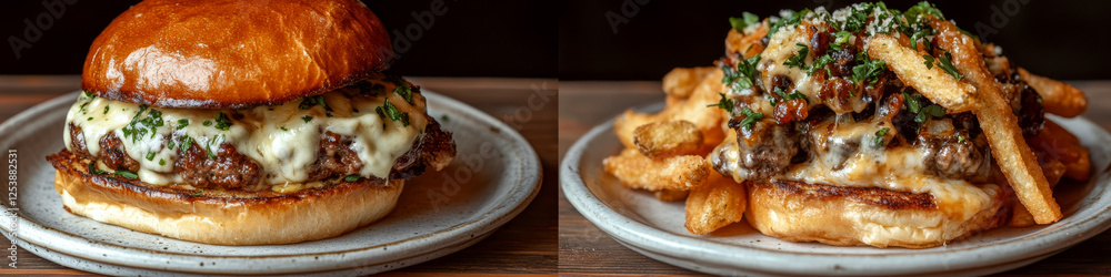 Juicy burgers with melted cheese sit on a plate, garnished with herbs and crispy fries. Concept of delicious comfort food photography. For menu design and food blogs. Juicy burgers with melted cheese sit on a plate, garnished with herbs and crispy fries. Concept of delicious comfort food photography. For menu design and food blogs.