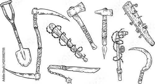 Shovel, scythe, baseball bat, machete, hammer, water pipe, sickle, axe, board with nails in hand draw sketch style. Creative art element for tattoo, print, game. Grunge concept design. Vector art.
