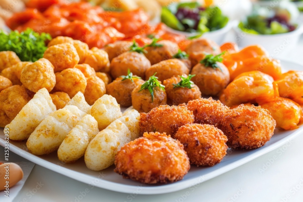 A white plate filled with tater tots, various foods, and condiments