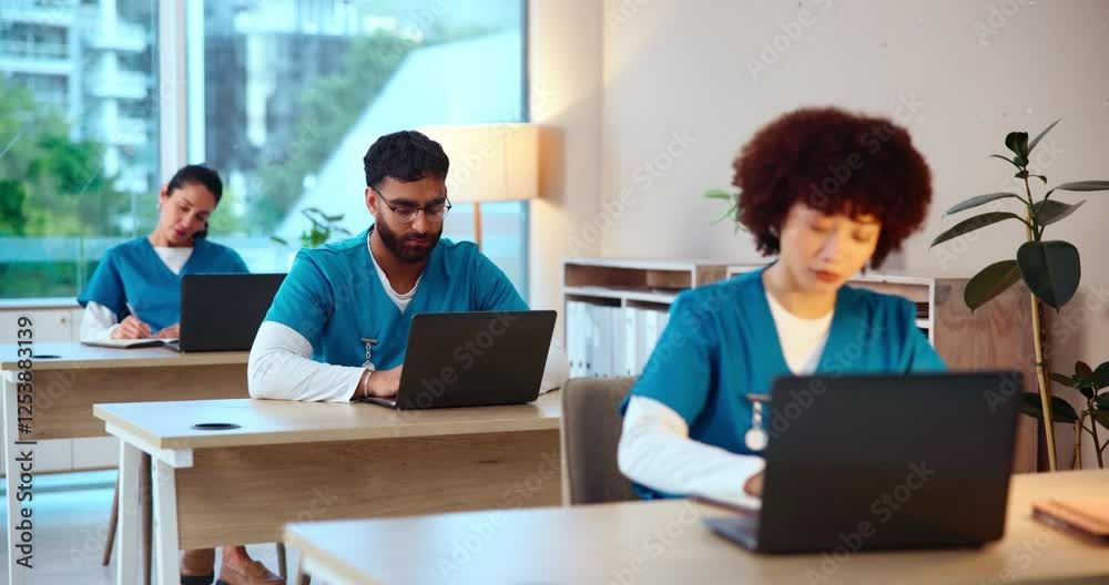 People, nurse and studying with laptop for medical exam, test or nursing course at hospital. Group, junior interns or healthcare scrubs with computer for health training, practice or examination People, nurse and studying with laptop for medical exam, test or nursing course at hospital. Group, junior interns or healthcare scrubs with computer for health training, practice or examination