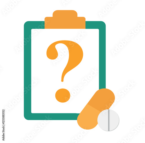 Question mark and medication use. Yellow question mark on medical board and yellow capsule and white tablet pill next to it. Question mark tablet medicine for problems in medication use.