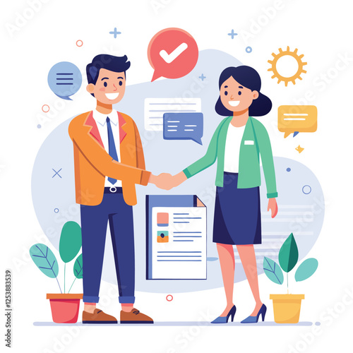 People shaking hands at work - Two businesspeople, man and woman doing handshake in office at work while smiling over business agreement and deal. Flat design stock illustration on white background