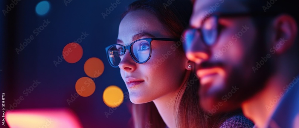 man and woman wearing glasses looking at a computer screen. man and woman wearing glasses looking at a computer screen.