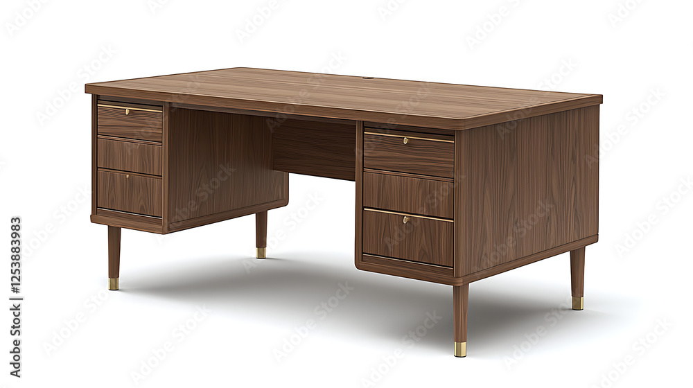 A wooden desk with four drawers and a black metal handle A wooden desk with four drawers and a black metal handle