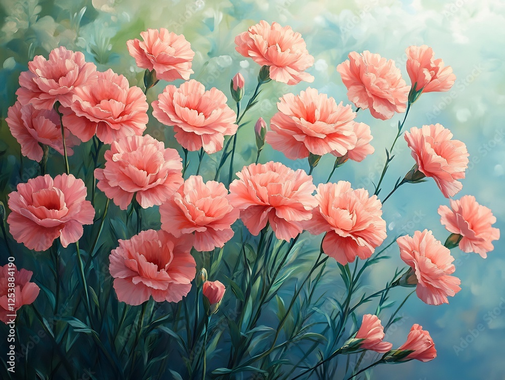 Fototapeta premium Garden filled blooming pink carnations lush green backdrop bright natural light